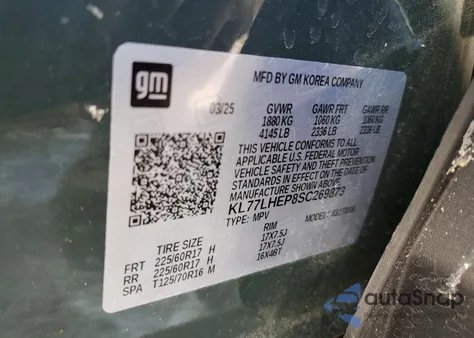 2025 Chevrolet Trax 1Lt z USA, uszkodzony, nr VIN KL77LHEP8SC269873